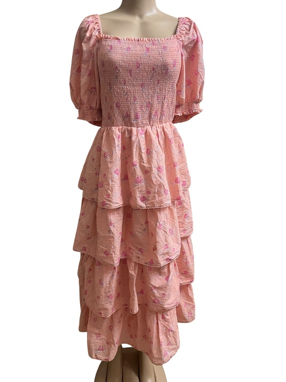 LoveShackFancy Pink Floral Smocked Puff-Sleeve Tiered Maxi Dress - Picture 2 of 8